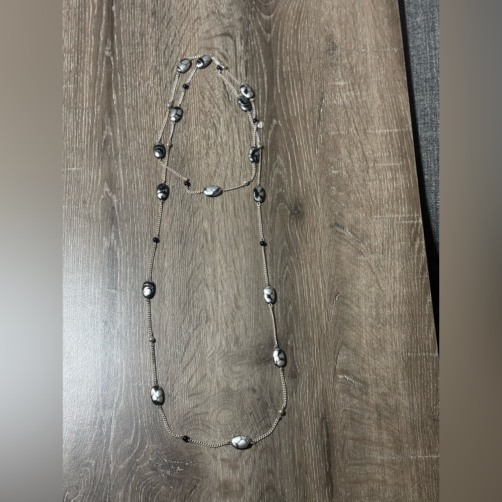 Alfani Long Silver Tone With Black and Silver Accent Beaded Necklace
